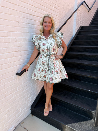 Cream Floral Scalloped Ruffle Sleeve Dress