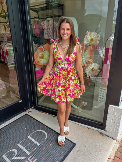 Floral Print Deep V Neckline Bow Detail Dress