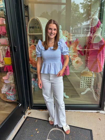 Blue Striped Peplum Smocked Top