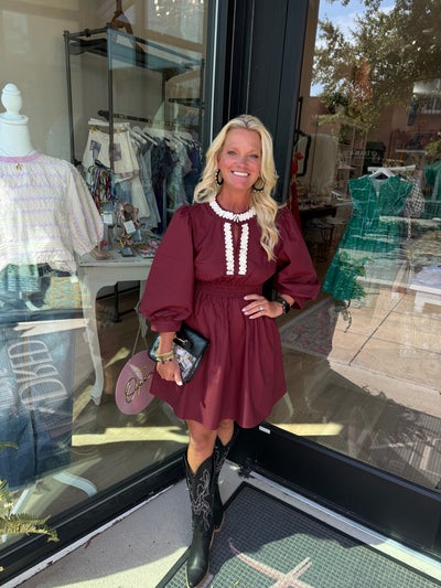 Garnet Texture Detail Cinched Waist Mini Dress