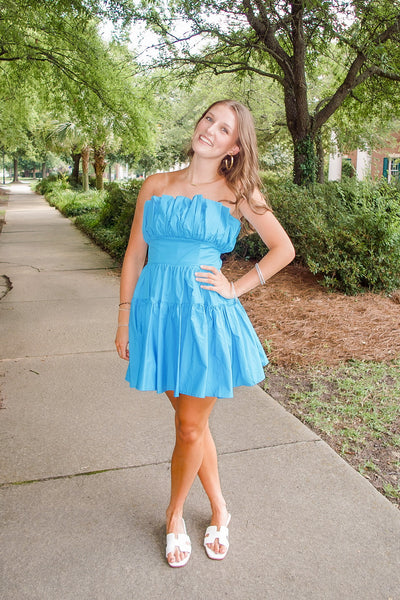 Dramatic Pleated Strapless Aqua Mini Dress