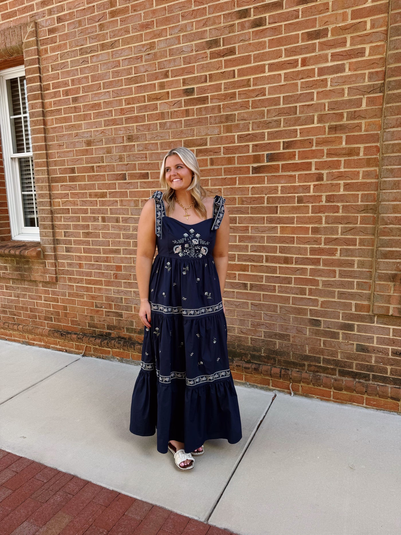 Navy Embroidered Tiered Maxi Dress