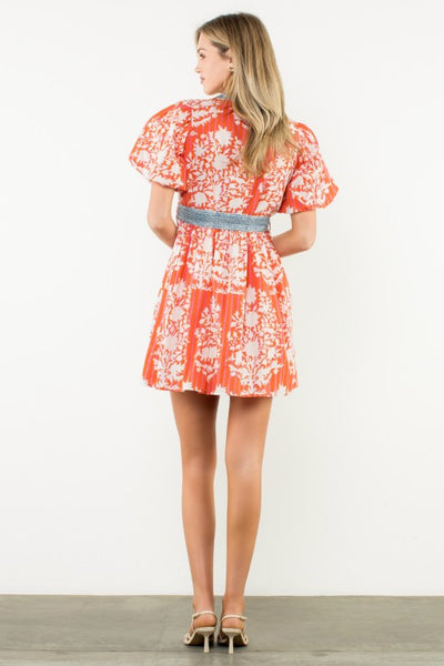Contrast Tie Waist Puff Sleeve Dress