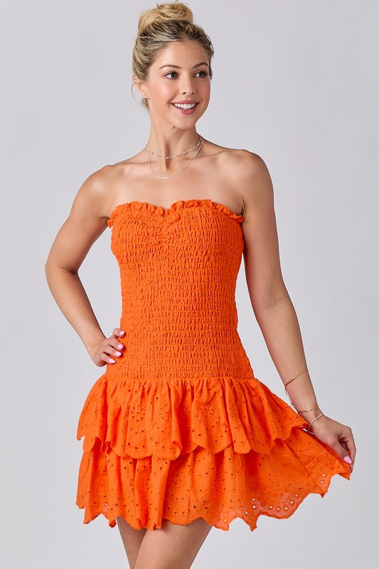 Strapless Smocked Ruffle Mini Dress