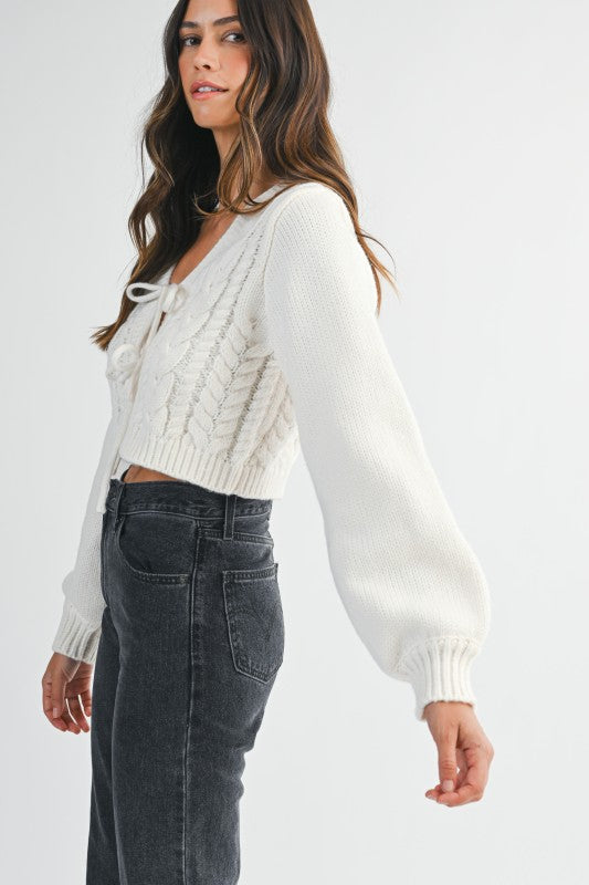 Front Tie Cable Knit Cardigan Sweater- Cream