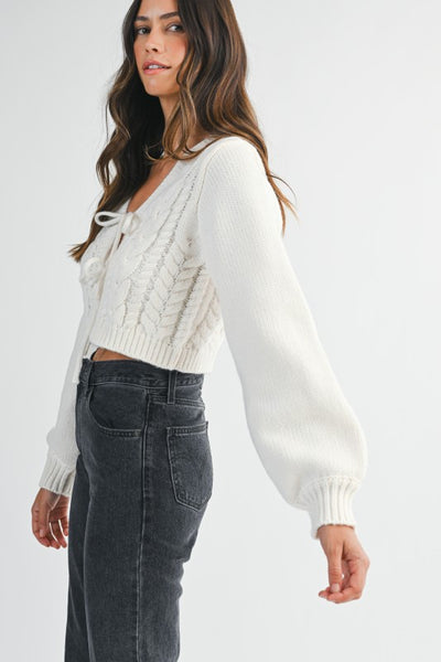 Front Tie Cable Knit Cardigan Sweater- Cream