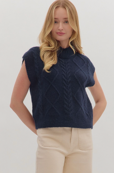 Mock Neck Cable Knit Sleeveless Sweater