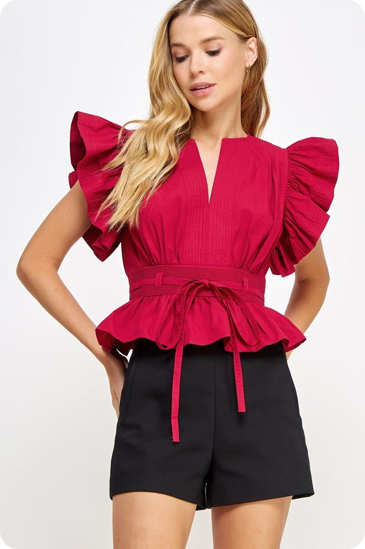 Burgundy Flutter Sleeve Peplum Top