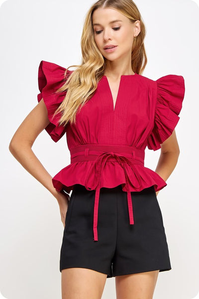 Burgundy Flutter Sleeve Peplum Top