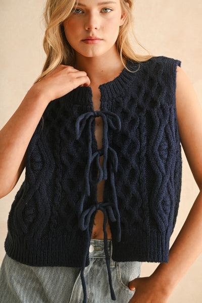 Navy Tie Front Cable Knit Vest