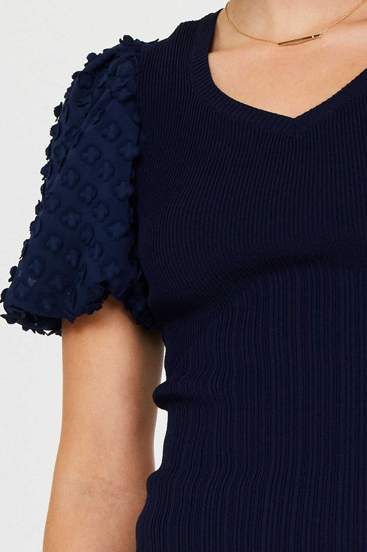 Navy 3D Floral Detail Sleeve Top