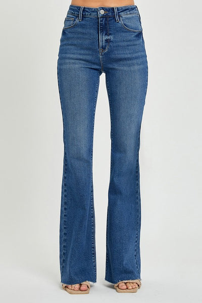 High Rise Flare Raw Cut Hem Jeans