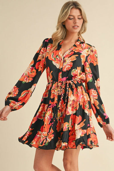 Floral Print Waist Tie Satin Dress