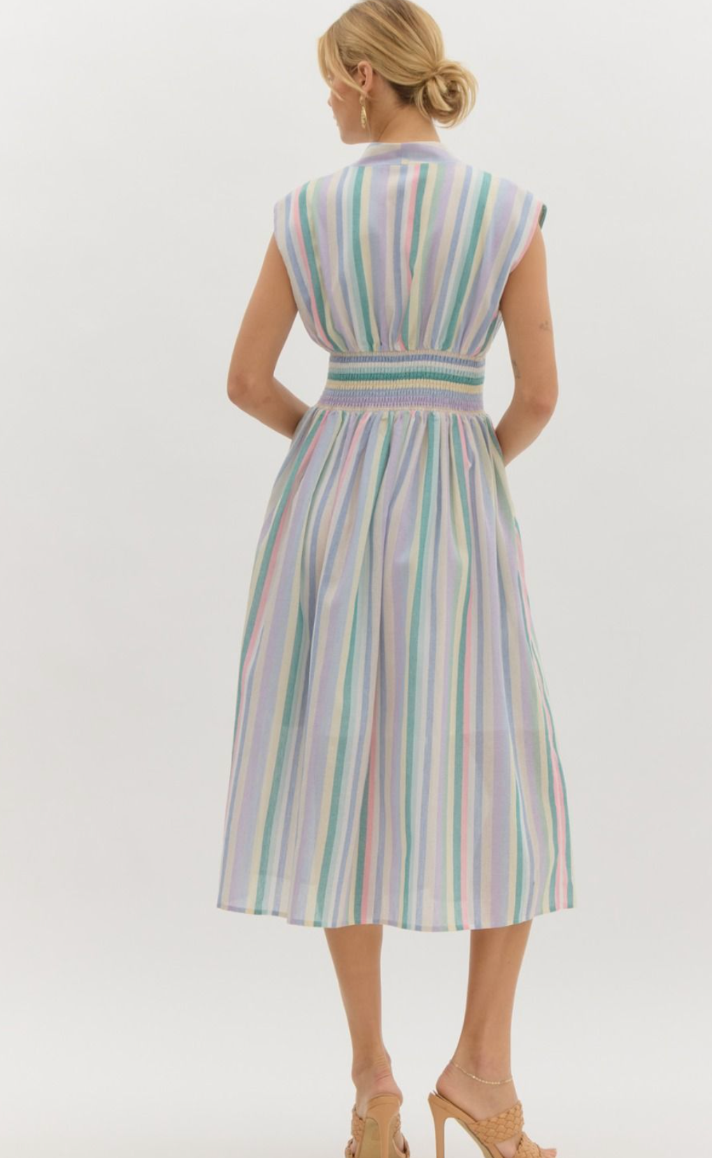 Cinched Waist Midi Dress- Pastel Stripes