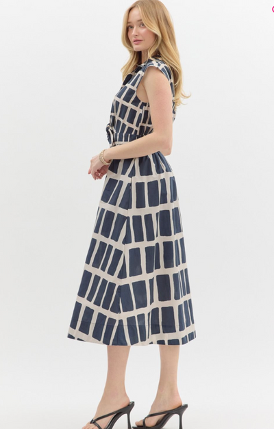 Abstract Print Waist Tie Dress- Navy