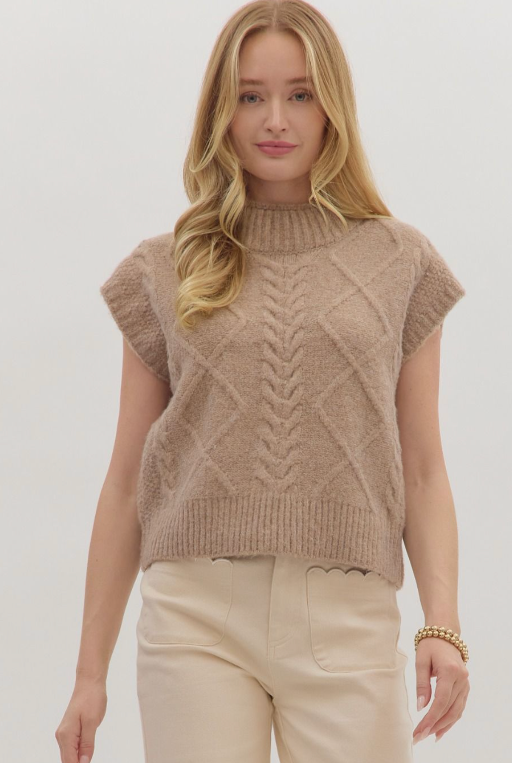 Mock Neck Cable Knit Sleeveless Sweater