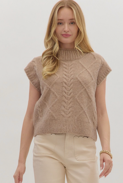 Mock Neck Cable Knit Sleeveless Sweater