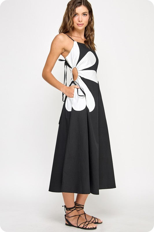 Sleeveless Side Cut-Out Flower Midi Dress- Black
