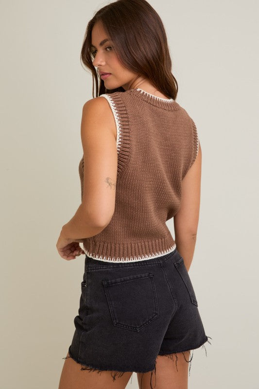 Mocha Sleeveless Crew Neck Sweater Top