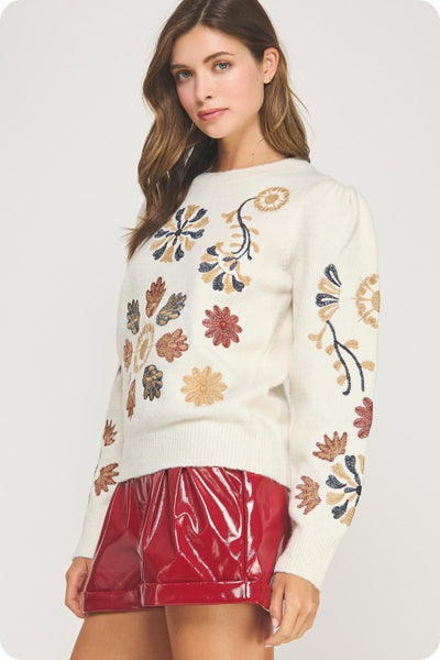 Cream Floral Embroidered Sweater