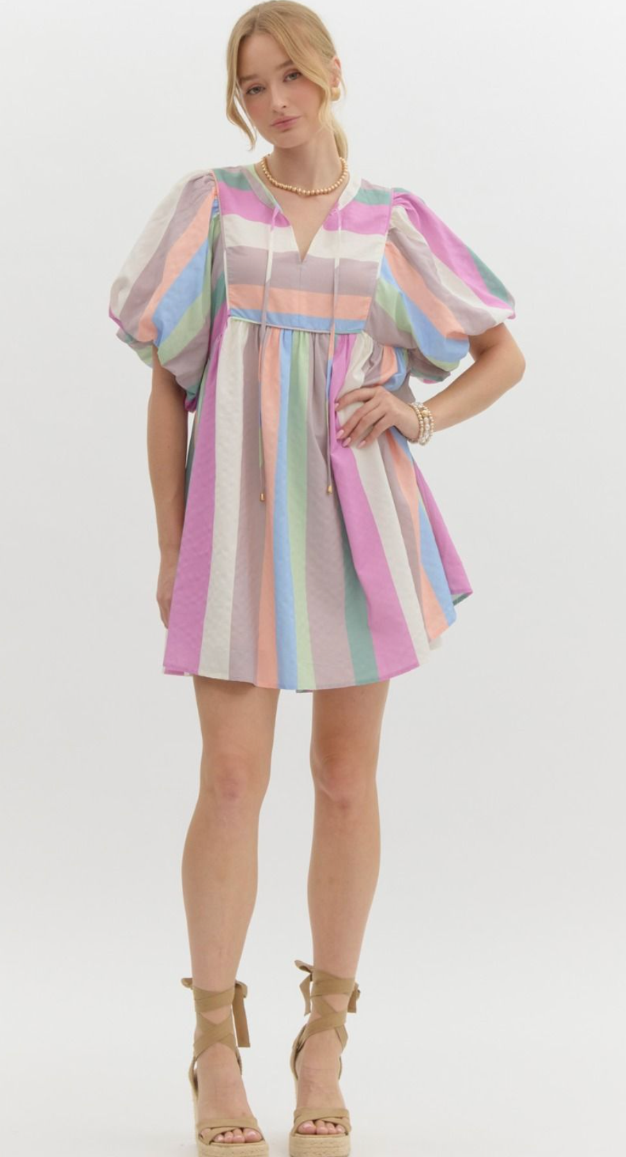 Striped Bubble Sleeve Babydoll Dress- Pastel