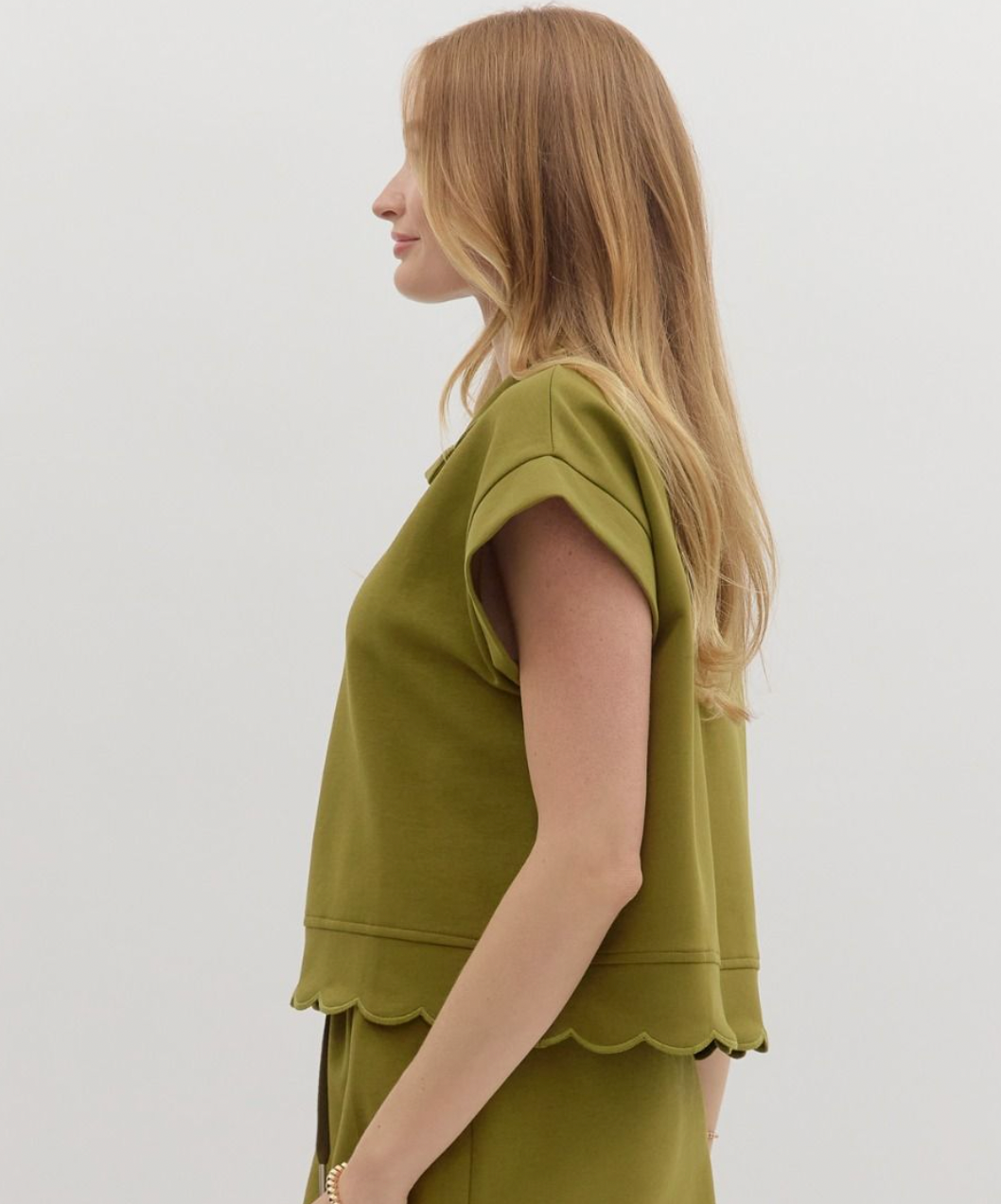 Olive Green Scallop Hem Jersey Top