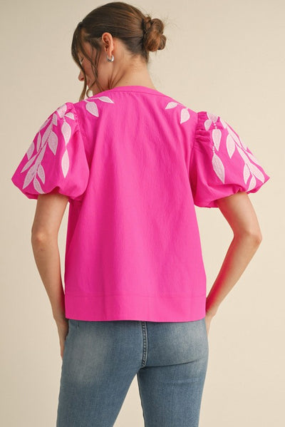 Leaf Embroidered Puff Sleeve Top