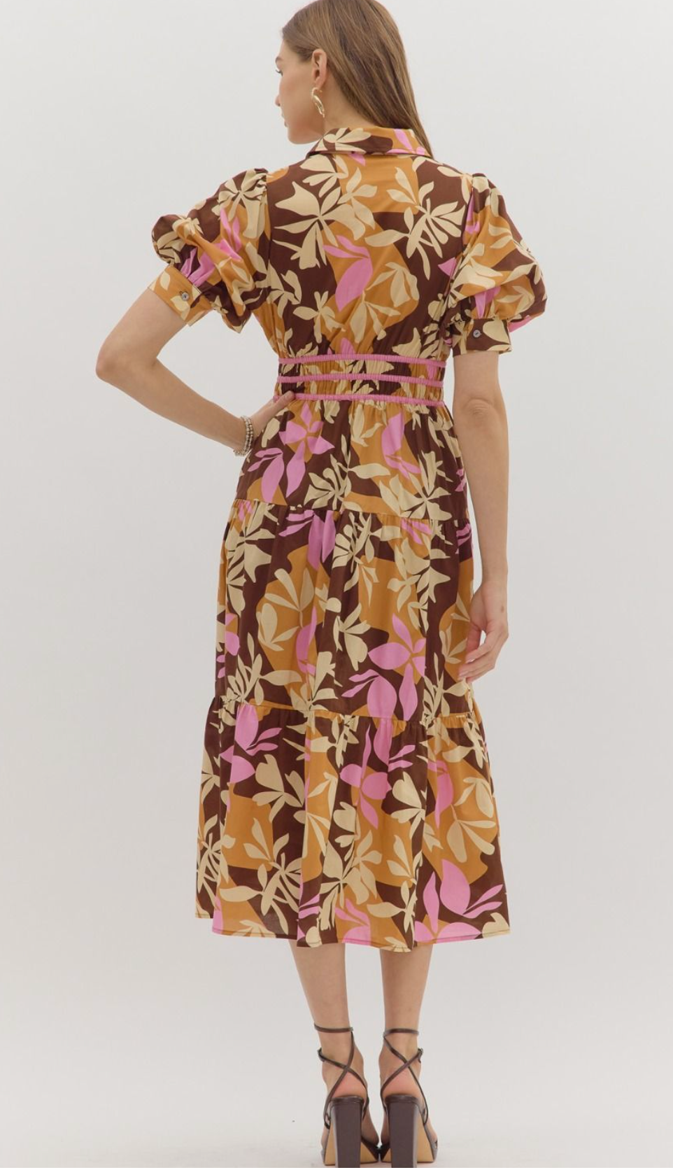Botanical Print Cuffed Sleeve Dress