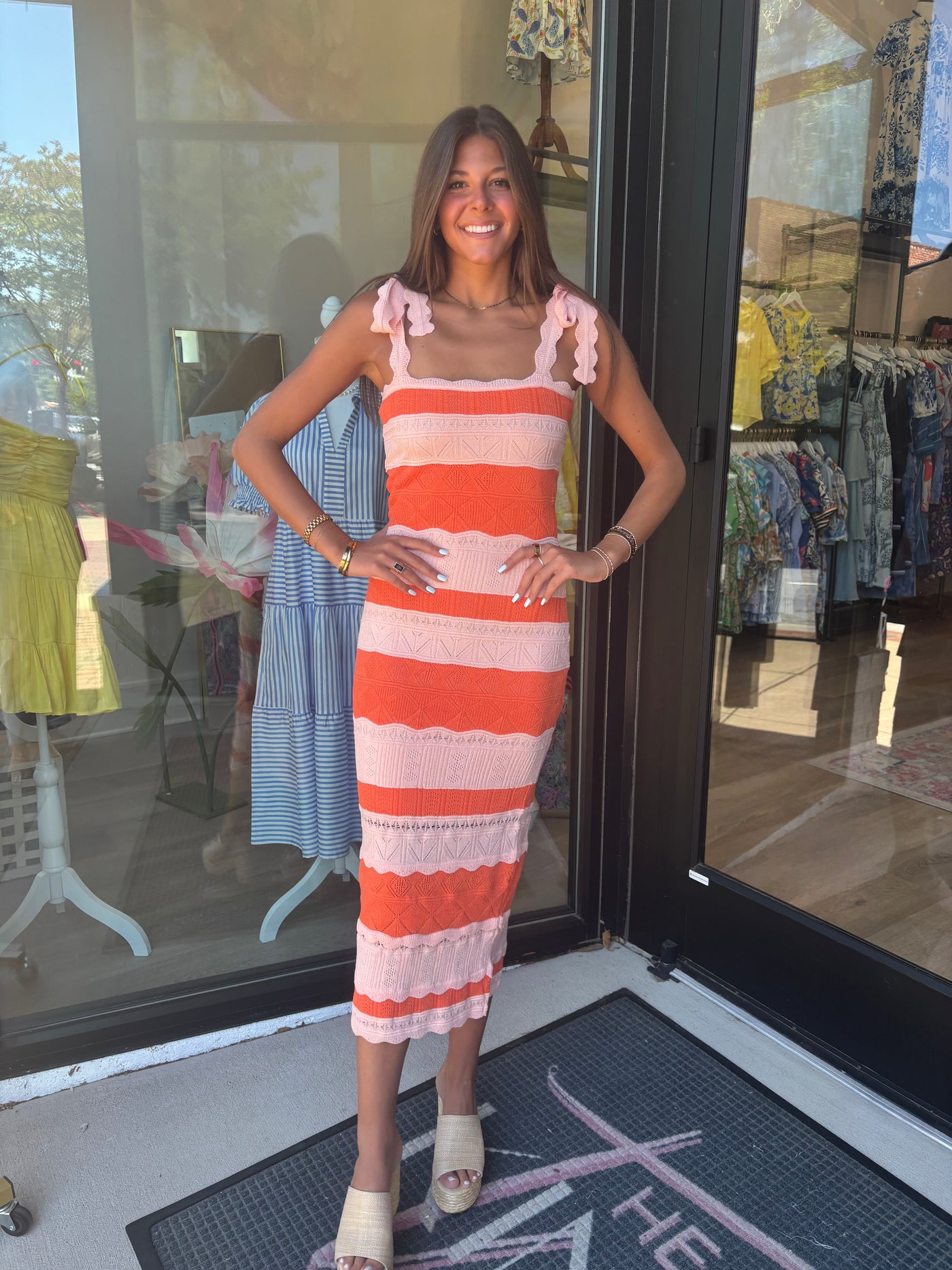 Pink Pointelle Stripe Midi Dress