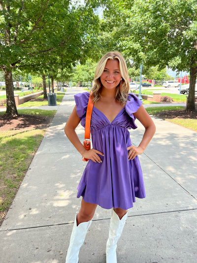 Ruffle Detail Tie Back Dress- Purple