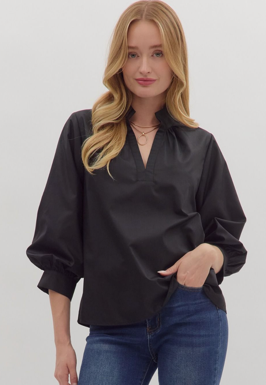 Split Neck Long Sleeve Top
