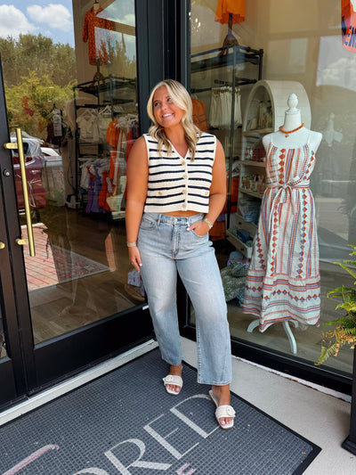 Button Down Striped V-Neck Sweater Vest- White/Navy