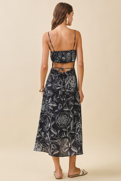Black Contrast Floral Panel Midi Dress