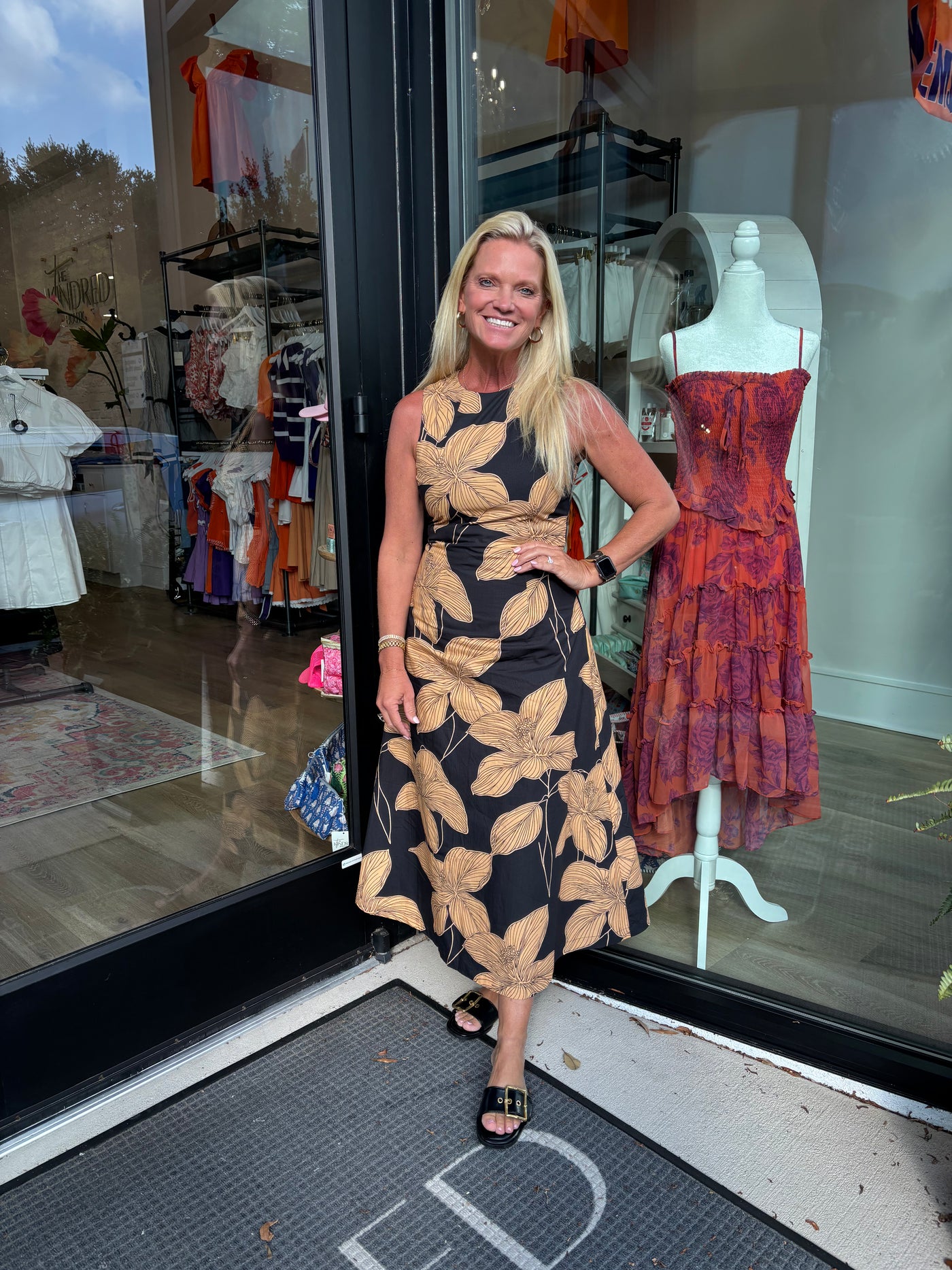 Bold Floral Print High Crew Neck Midi Dress