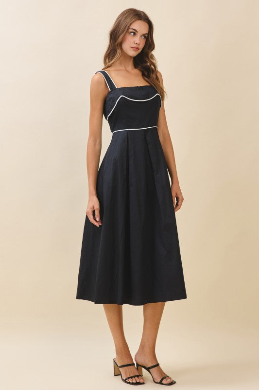 Black Contrast Piping Midi Dress