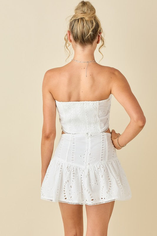 White Embroidered Eyelet Mini Skirt Set