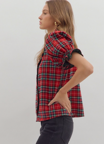 Red Plaid Puff Sleeve Top