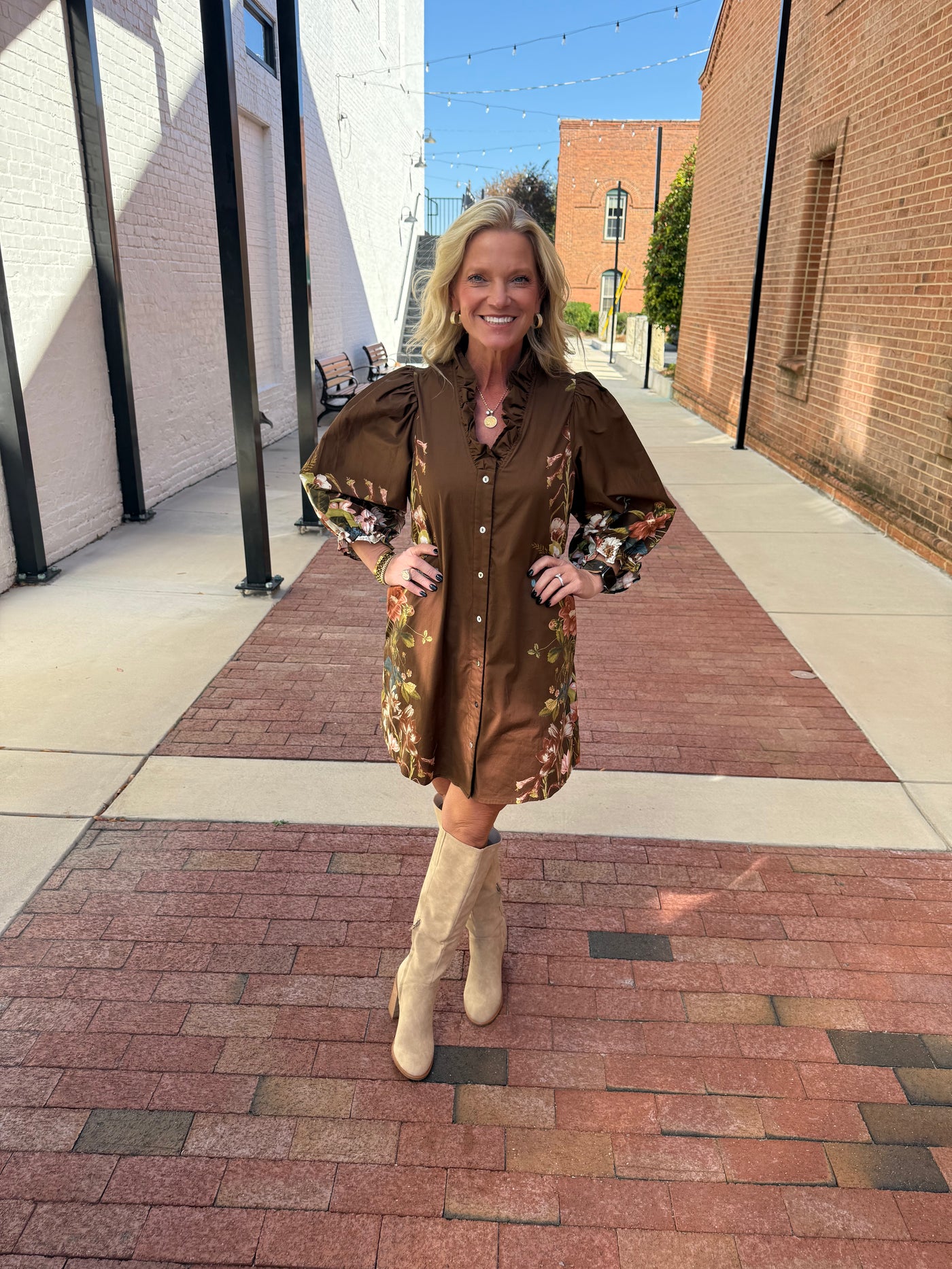 Brown Floral Ruffle Neck Mini Dress
