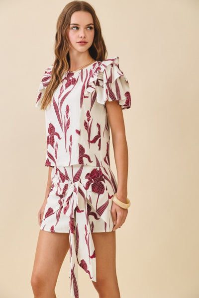 Floral Print Asymmetrical Tie Skirt Set