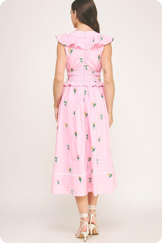Flower Bouquet Embroidered Midi Dress- Pink