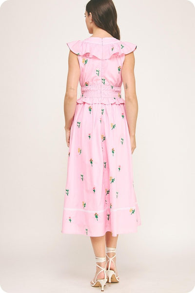 Flower Bouquet Embroidered Midi Dress- Pink