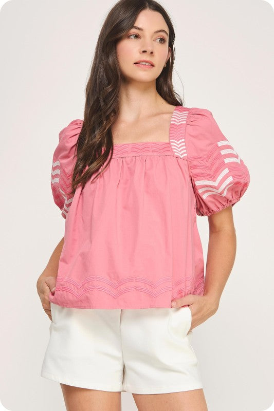 Rose Embroidered Puff Sleeve Top