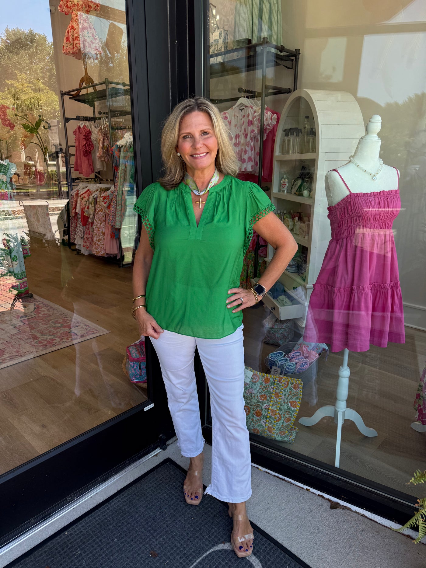 Green Embroidery Detail Sleeve Top