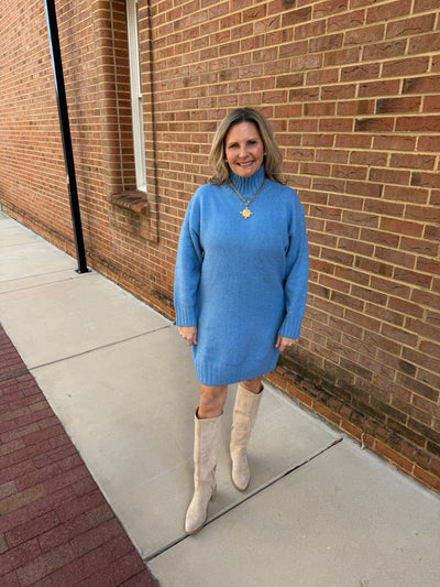 Blue Turtle Neck Long Sleeve Sweater Dress