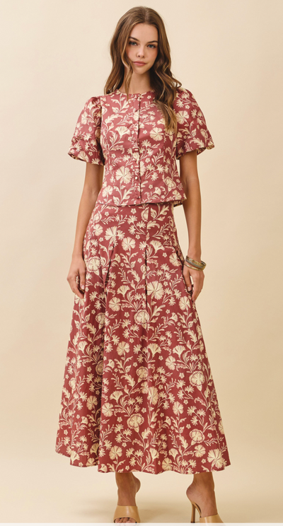 Floral Print Pleated Detail Midi Skirt Set-Brick