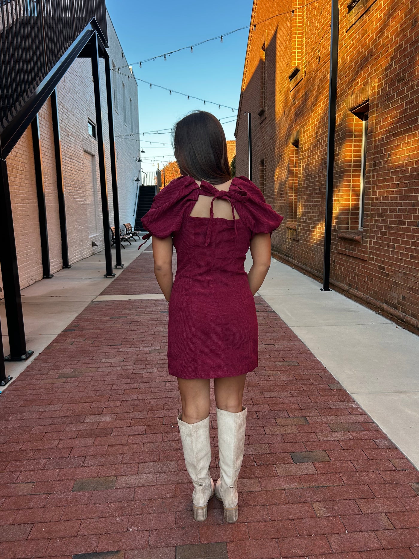 Wine Corduroy Square Neck Puff Sleeve Mini Dress