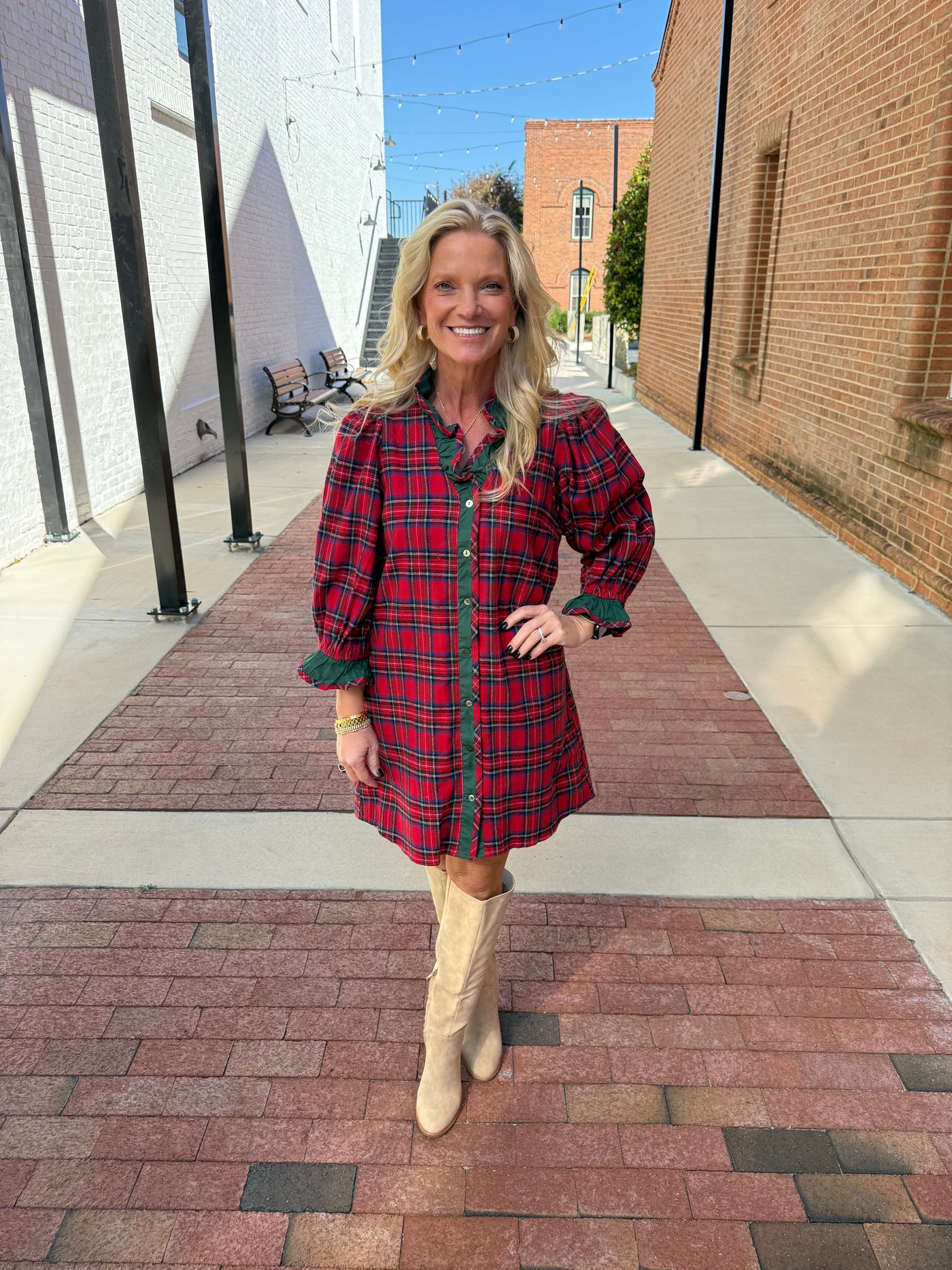 Red Plaid Ruffle Neck Dress