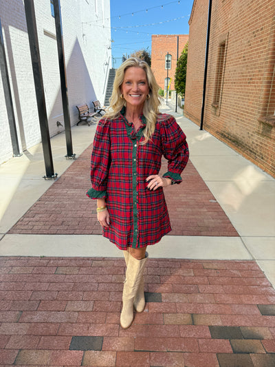 Red Plaid Ruffle Neck Dress