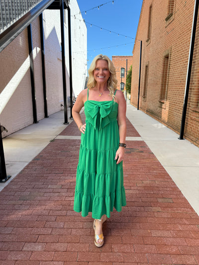 Kelly Green Bow Front Midi Dress