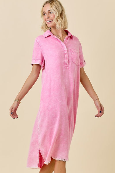 Washed Pink Button Down Collared Midi Dress